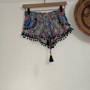 PilyQ Women's XXS Geometric Print Pom Pom Swim Cover-Up Shorts Multicolor